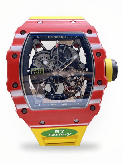 Stylish Swiss Super Clone Richard Mille RM 35-02 Rafael Nadal Watch – Carbon Fiber Skeleton Dial, Yellow Rubber Strap image 1